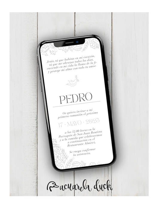 Invitación Comunión Palomita - Gris