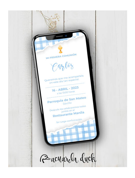 Invitación Comunión Vichy - Azul