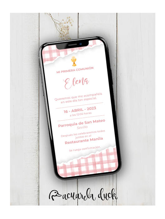 Invitación Comunión Vichy - Rosa